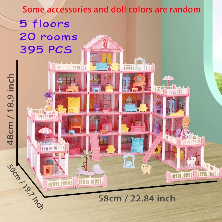 A pink dollhouse featuring five floors and twenty rooms with accessories and doll colors.