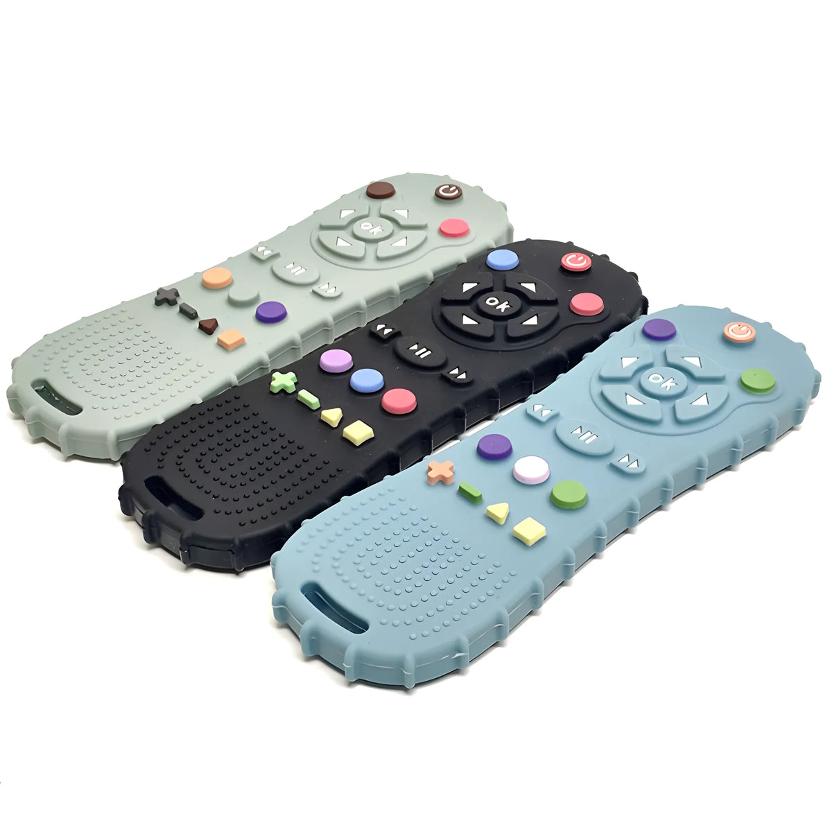 A set of silicone baby teethers in various colors and shapes, including a bracelet style.