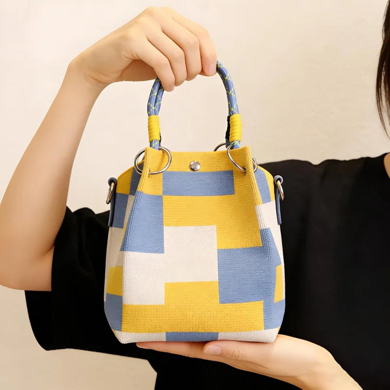 Mini Knitted Colorblock Bucket Bag with Detachable Handle