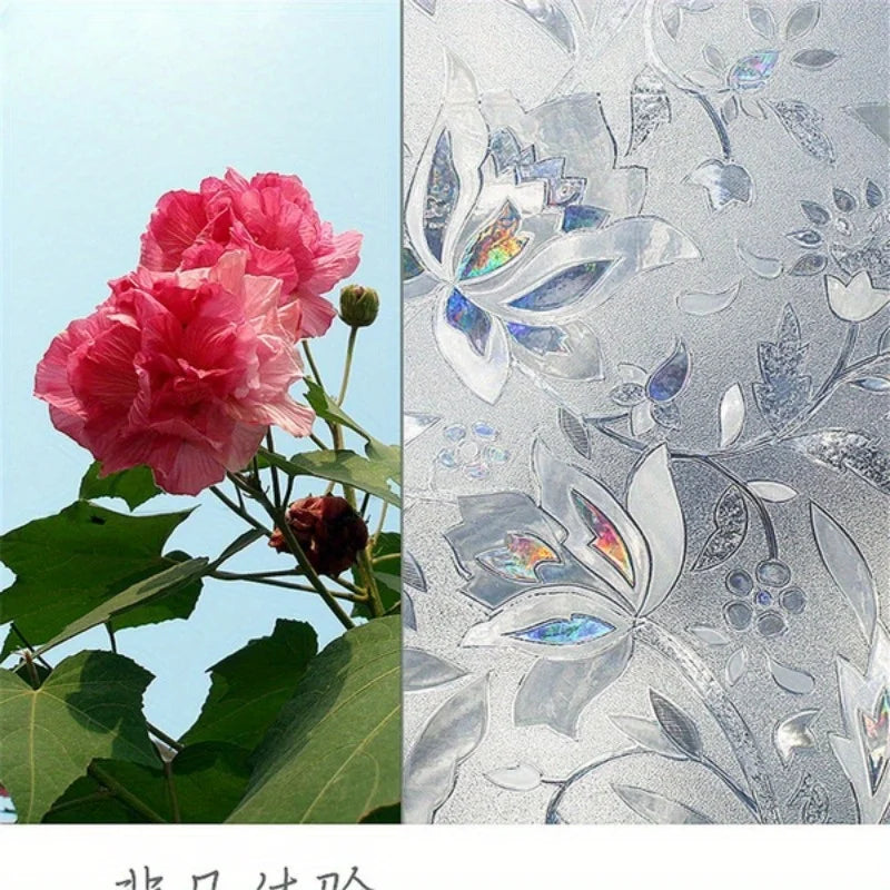 Close-up of a vibrant pink peony flower next to a sheet of silver, iridescent tulip privacy window film.