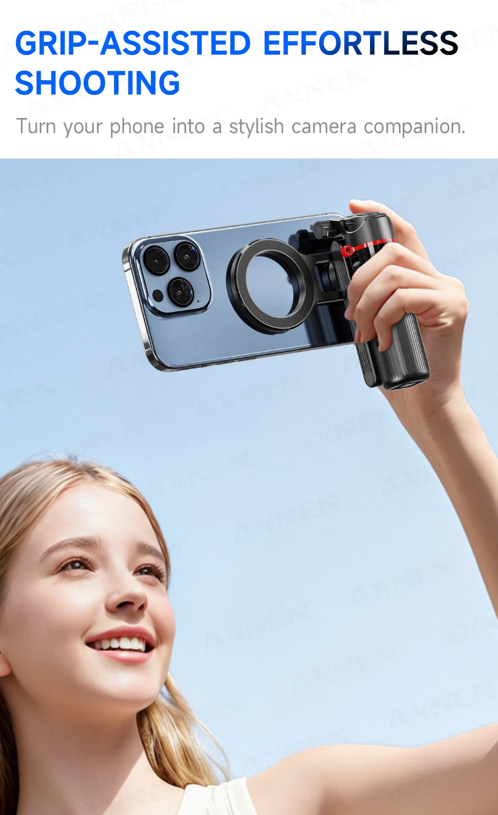 A hand holds a phone attached to a magnetic tripod with a lens and light, ready for shooting.