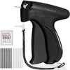 A black mini handheld stitch gun with a needle and cord, next to a set of sewing needles.