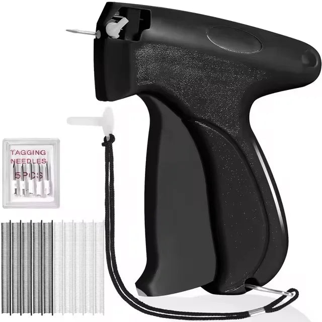 A black mini handheld stitch gun with a needle and cord, next to a set of sewing needles.
