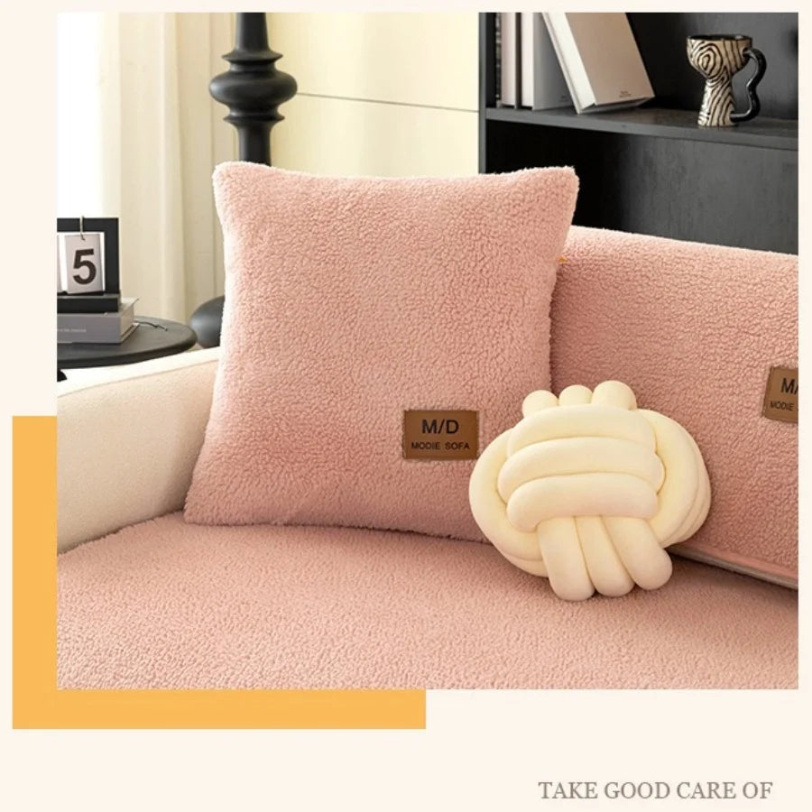 Un coussin de housse de canapé sherpa rose et un objet tricoté crème sur un canapé rose.