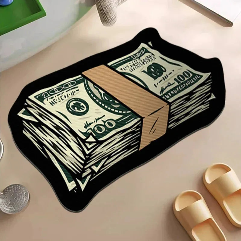 A black silicone rug features a design of stacked US hundred dollar bills.