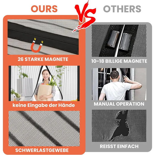 Comparison of a magnetic screen door featuring a strong magnet and heavy-duty mesh against another with a weaker magnet and m