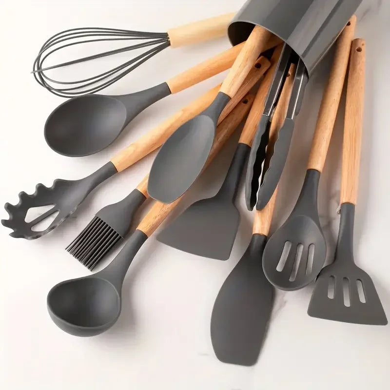 Ensemble de 12 Ustensiles de Cuisine en Silicone avec Manches en Bois