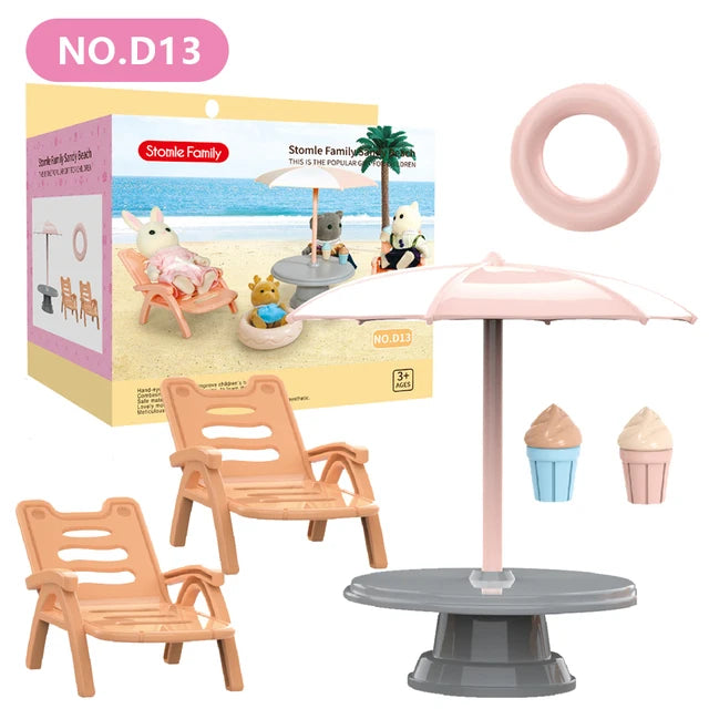 A set of miniature dollhouse furniture including a pink chair, a table, and a pink umbrella for forest animal figures.