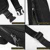 Close-up views of an adjustable nylon waist pack showing front buckle fastening, smooth metal zipper, anti-theft zipper locke
