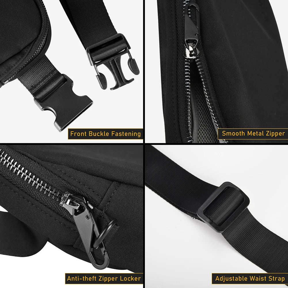 Close-up views of an adjustable nylon waist pack showing front buckle fastening, smooth metal zipper, anti-theft zipper locke