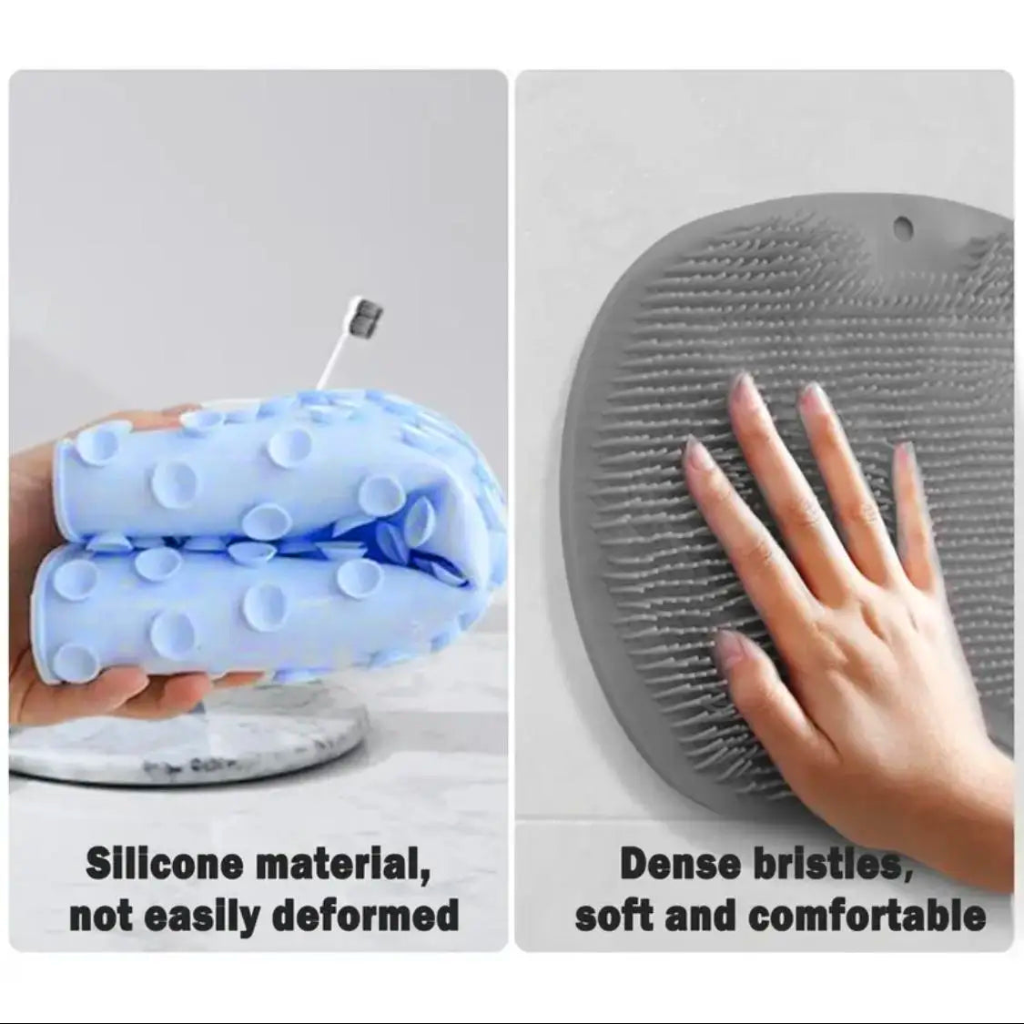 A hand holds a blue silicone shower scrubber pad, showing its texture and use for cleaning or massage.