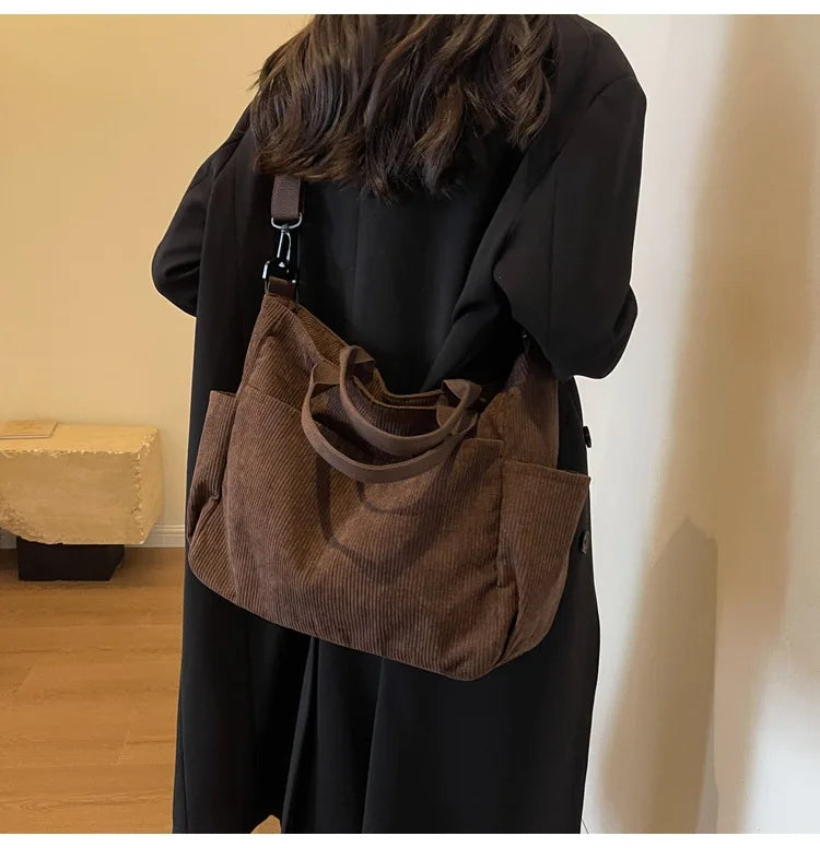 Multi-Pocket Corduroy Tote Bag – Large Capacity Casual Satchel for Travel, Work & Commute