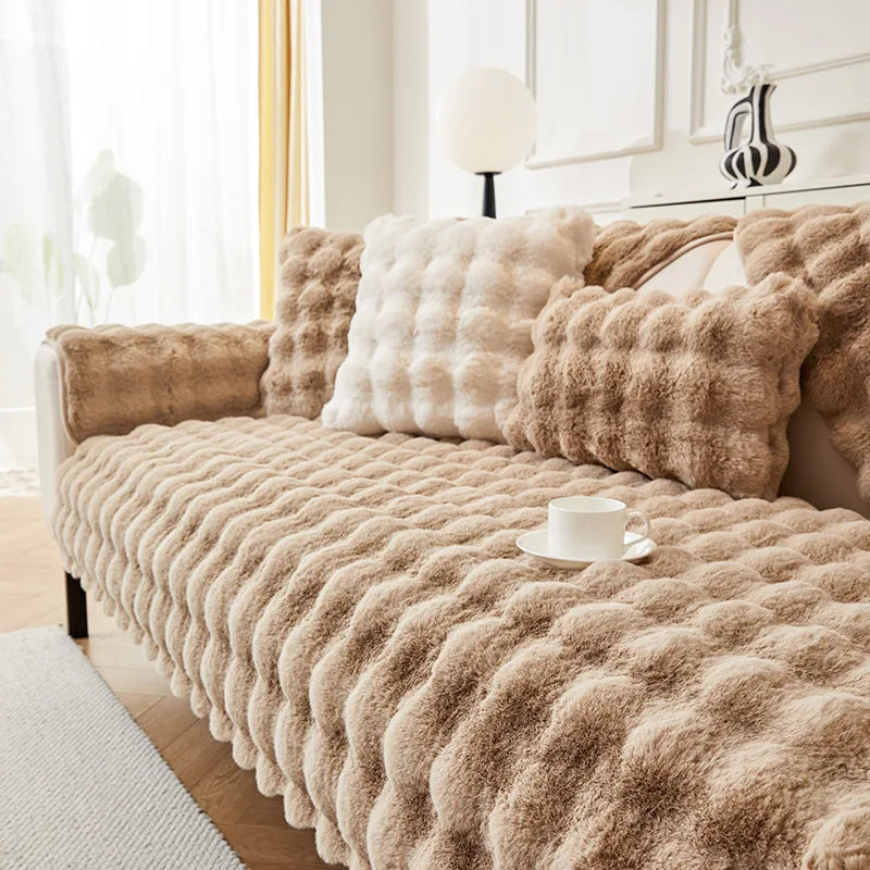 Plush Rabbit-Feel Sofa Cover with Anti-Slip Backing