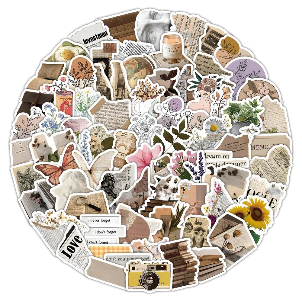 Collage circulaire de stickers vintage avec éléments botaniques, outils d'écriture et motifs décoratifs pour journal