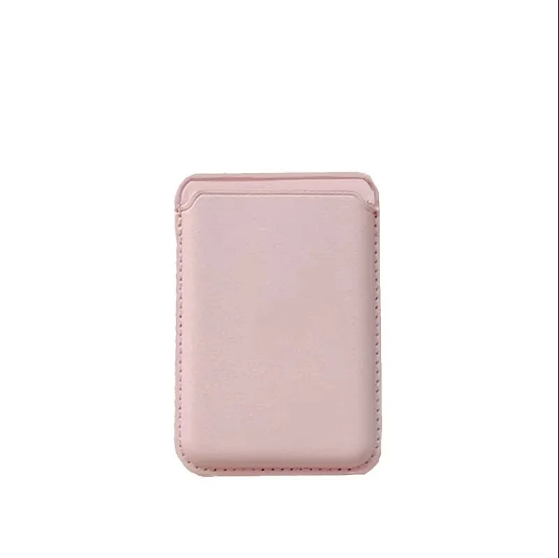 A pink premium leather wallet case designed for MagSafe compatibility.