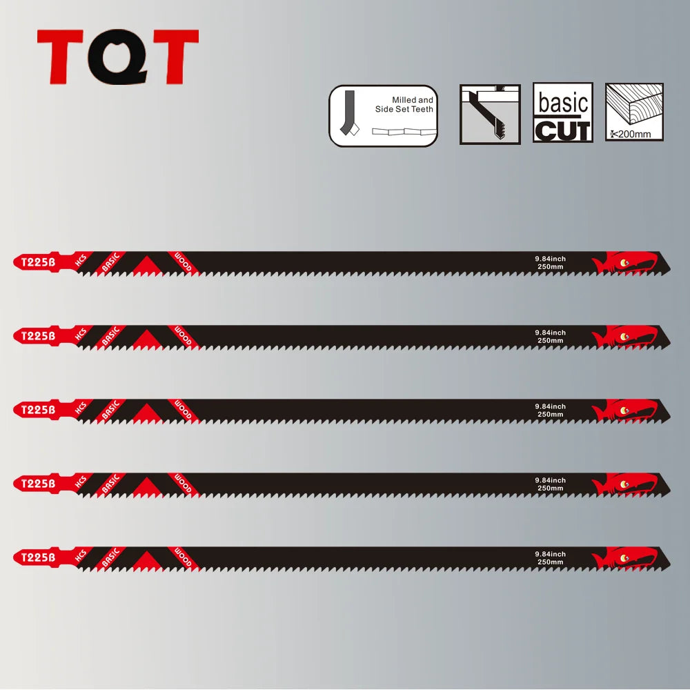 Five T225B professional jigsaw blades for wood, showing various sizes and cut teeth.