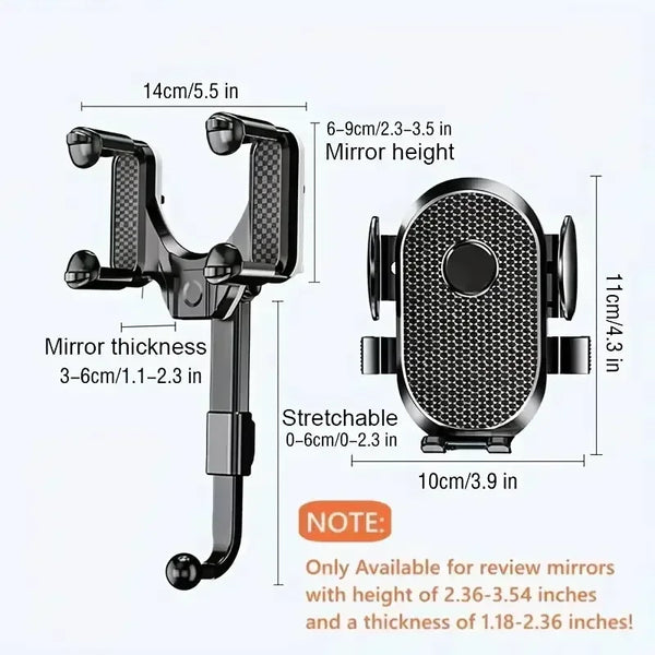 A black 360° rotating rearview mirror phone mount with adjustable height and thickness.