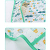 A white waterproof long sleeve art smock and feeding bib with a light green trim featuring colorful cactus patterns.