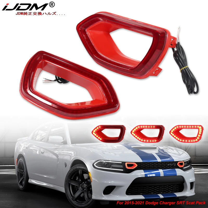 Red switchback LED grille light kit for a Dodge Charger SRT Scat Pack vehicle.