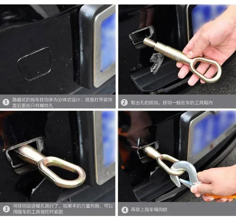 Demonstration of the heavy duty car tow rope with safety hooks showing its design and usage.