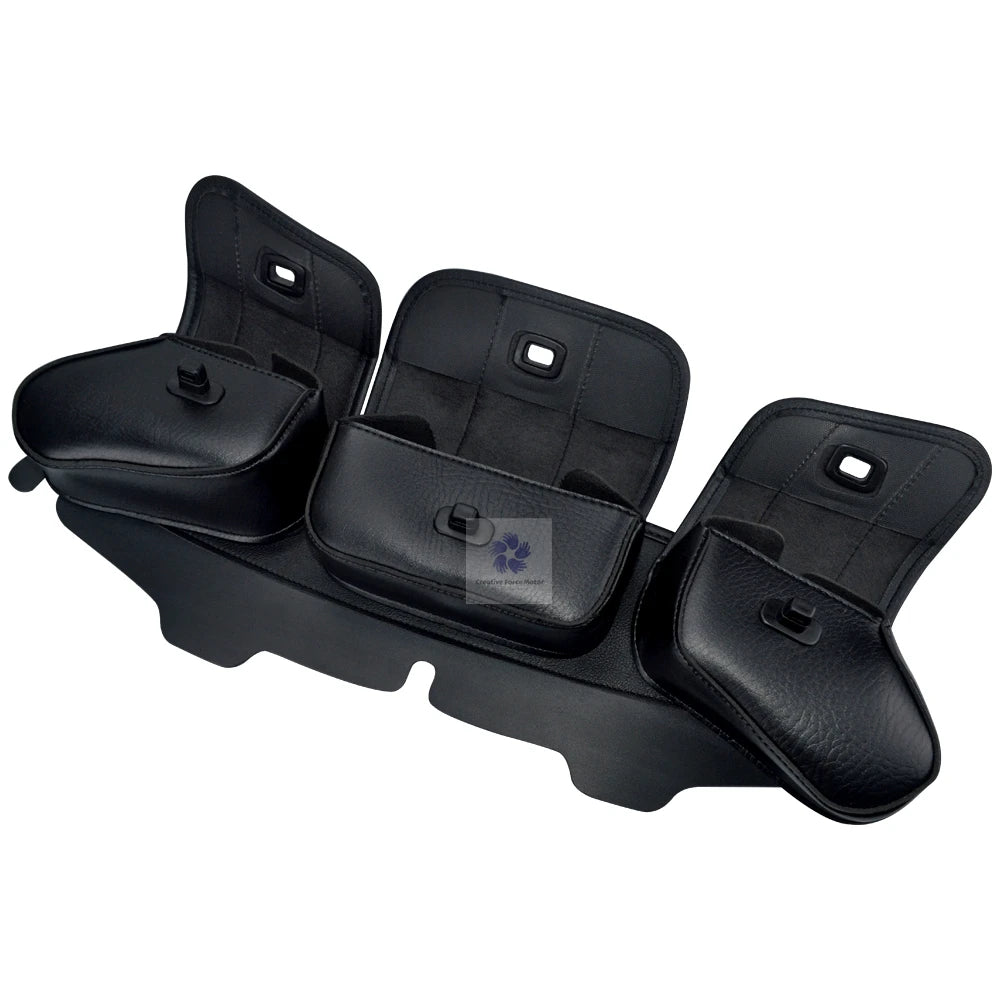 Black PU leather three-pouch motorcycle windshield storage bag for weather protection