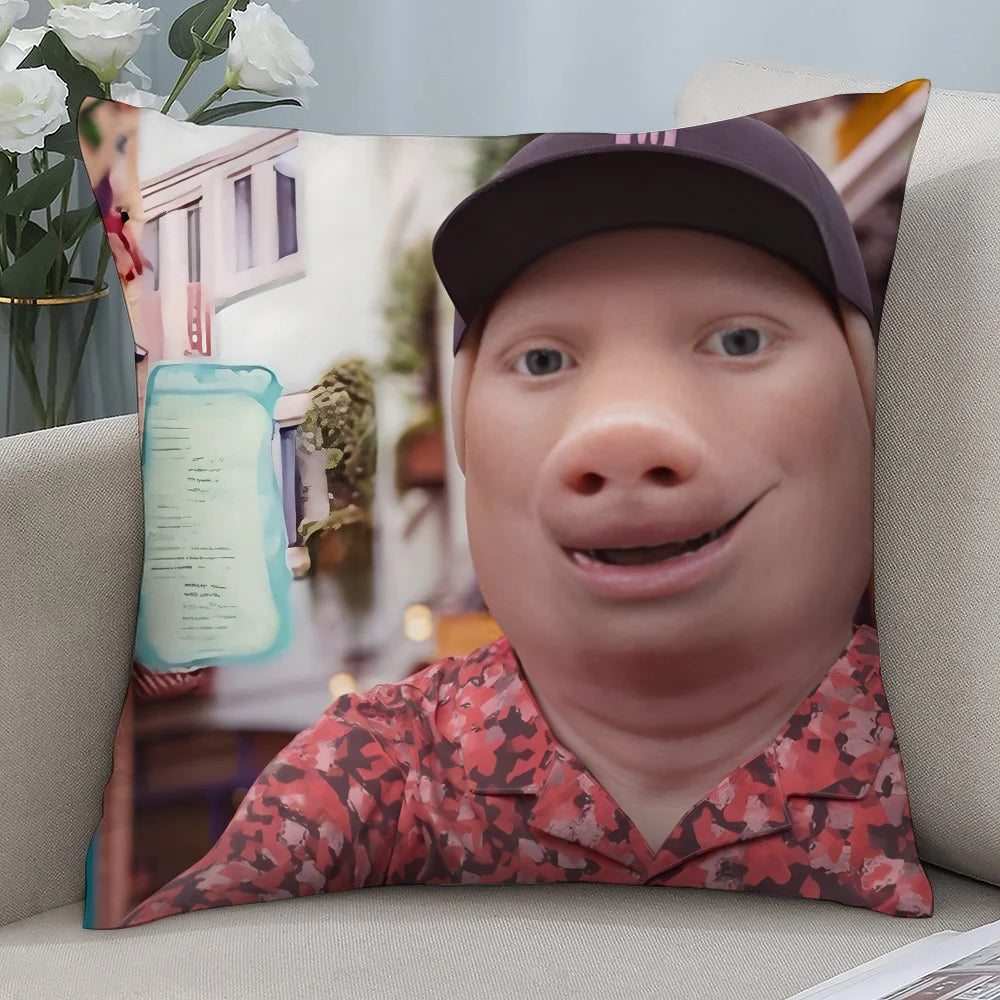 A novelty throw pillow cover featuring a cartoon face wearing a dark cap and a floral shirt.