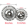 Two carbon steel wire trimmer heads, 190mm and 150mm in diameter, for universal garden brush cutters.