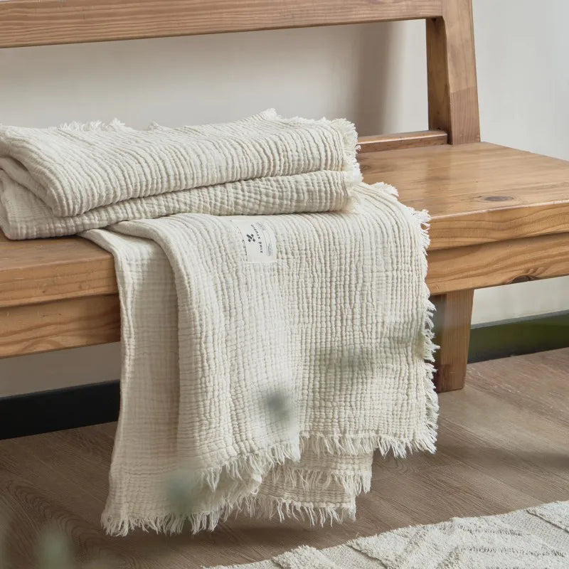 Four-Layer Cotton Gauze Throw Blanket with Tassel Trim