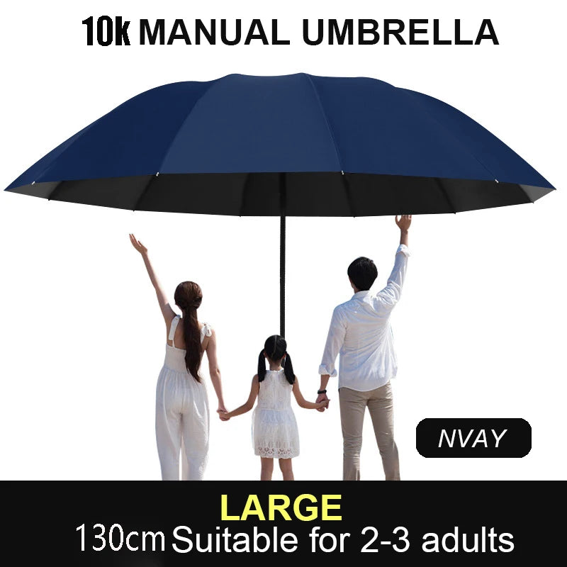 Large navy blue manual umbrella shown open with three people under it.