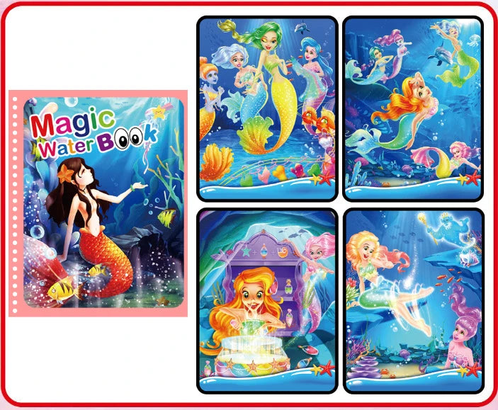 A set of four colorful magic water drawing books featuring magical aquatic creatures and scenes for children.