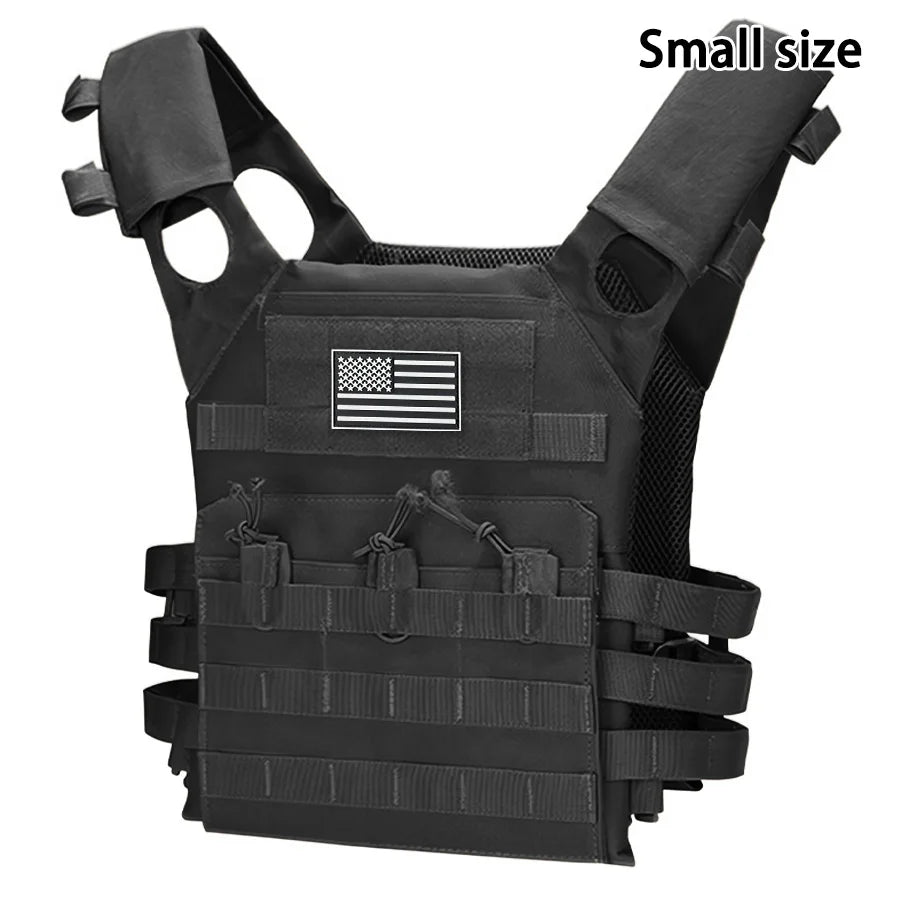 Black multifunctional MOLLE training vest featuring a American flag emblem
