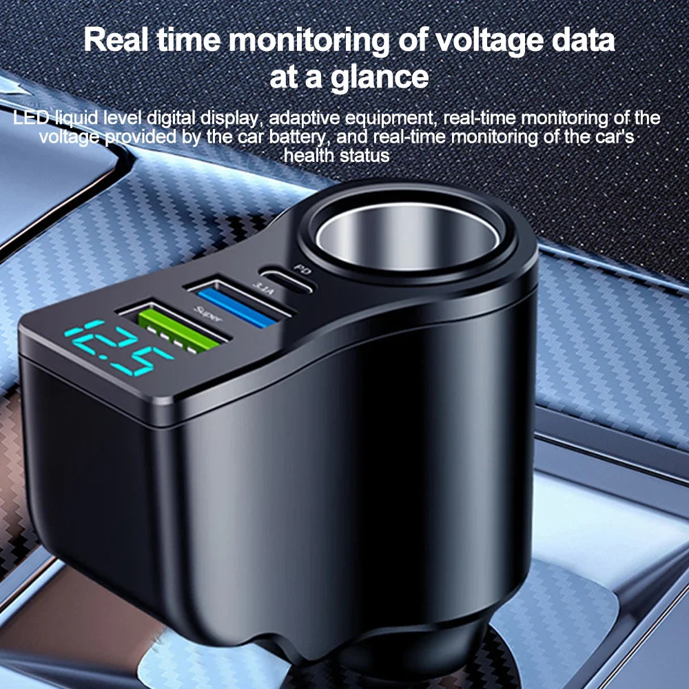 A black digital display device for real-time monitoring of voltage data, shown on a car surface.