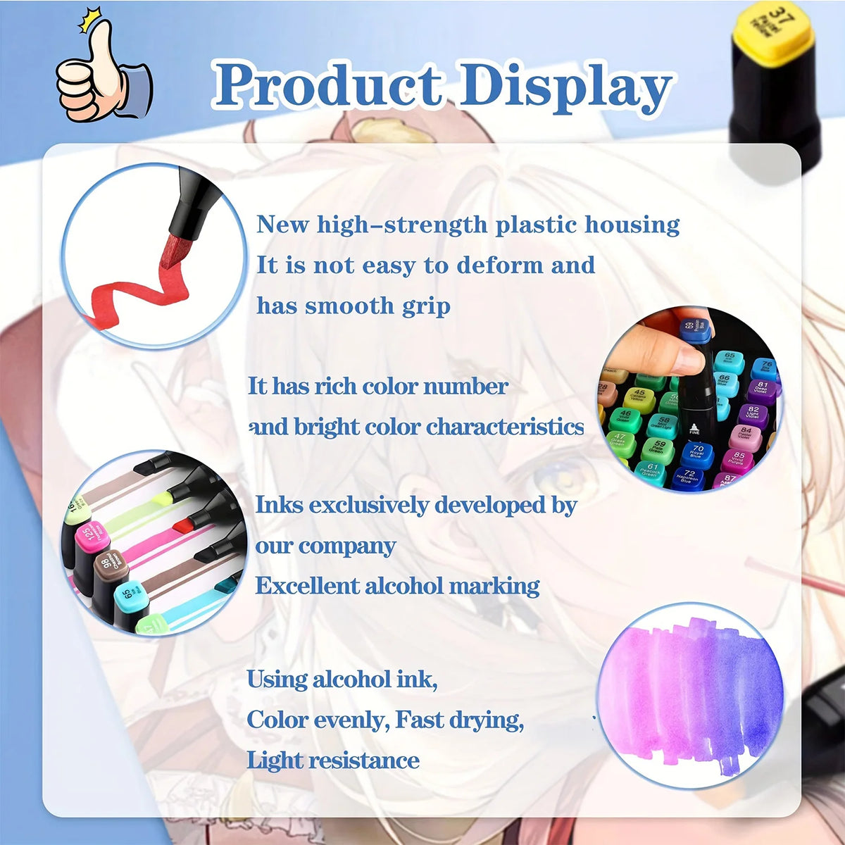 Display of a new high-strength plastic housing alcohol marker set showing various colors and ink features