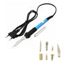 A kit of adjustable temperature wood burning and soldering pens with a black cord and various tips.