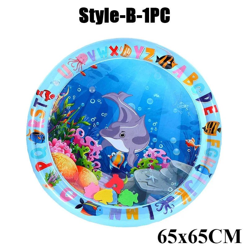 A blue inflatable baby water play mat featuring colorful sea animals and letters for sensory development