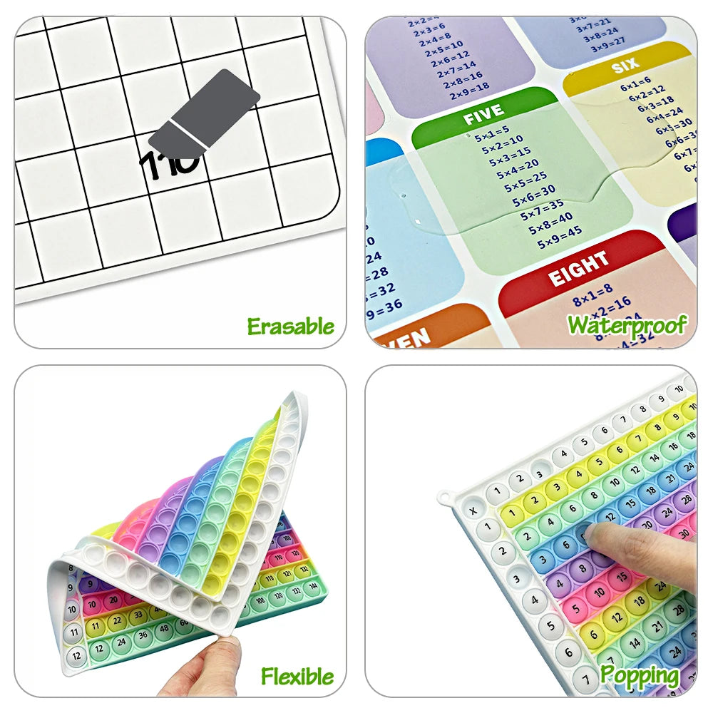A set of flexible, colorful multiplication practice flashcards with an erasable pen and popping features.