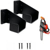 Black heavy-duty wall mounted chainsaw hanger with mounting brackets and a saw chain visible.