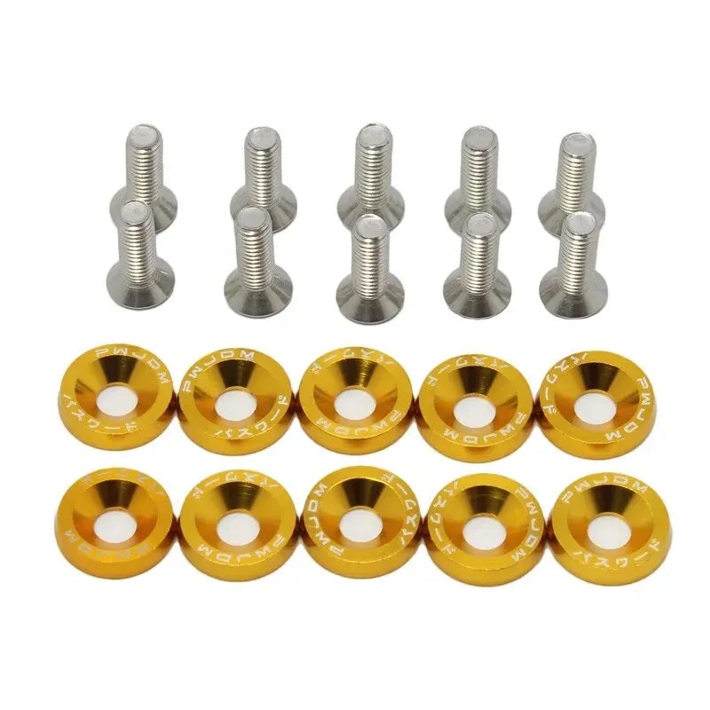 A set of ten M6 Fender washer bolts made of aluminum alloy.