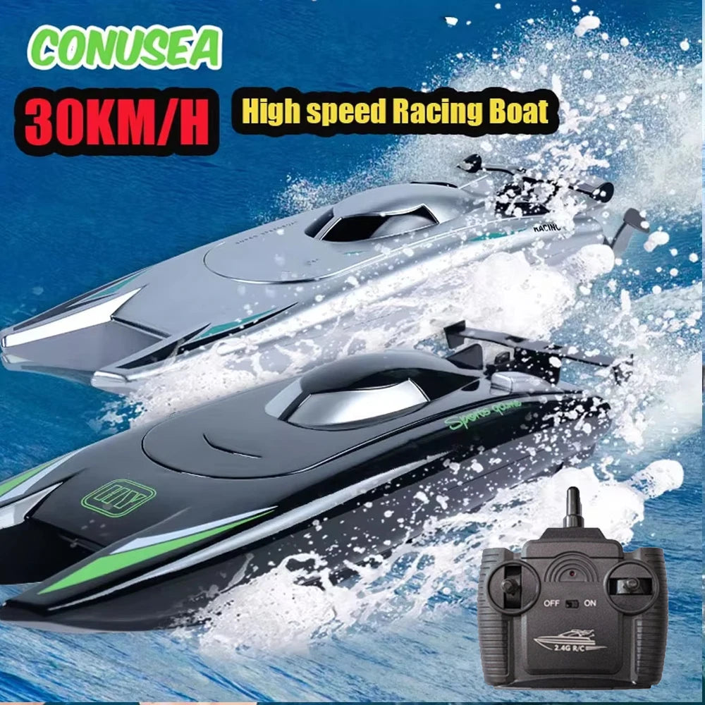 A silver and black high-speed racing boat is shown speeding across blue water, with a remote control visible below.