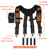 Black and brown magnetic tool belt suspenders featuring a removable phone holder and tool loops
