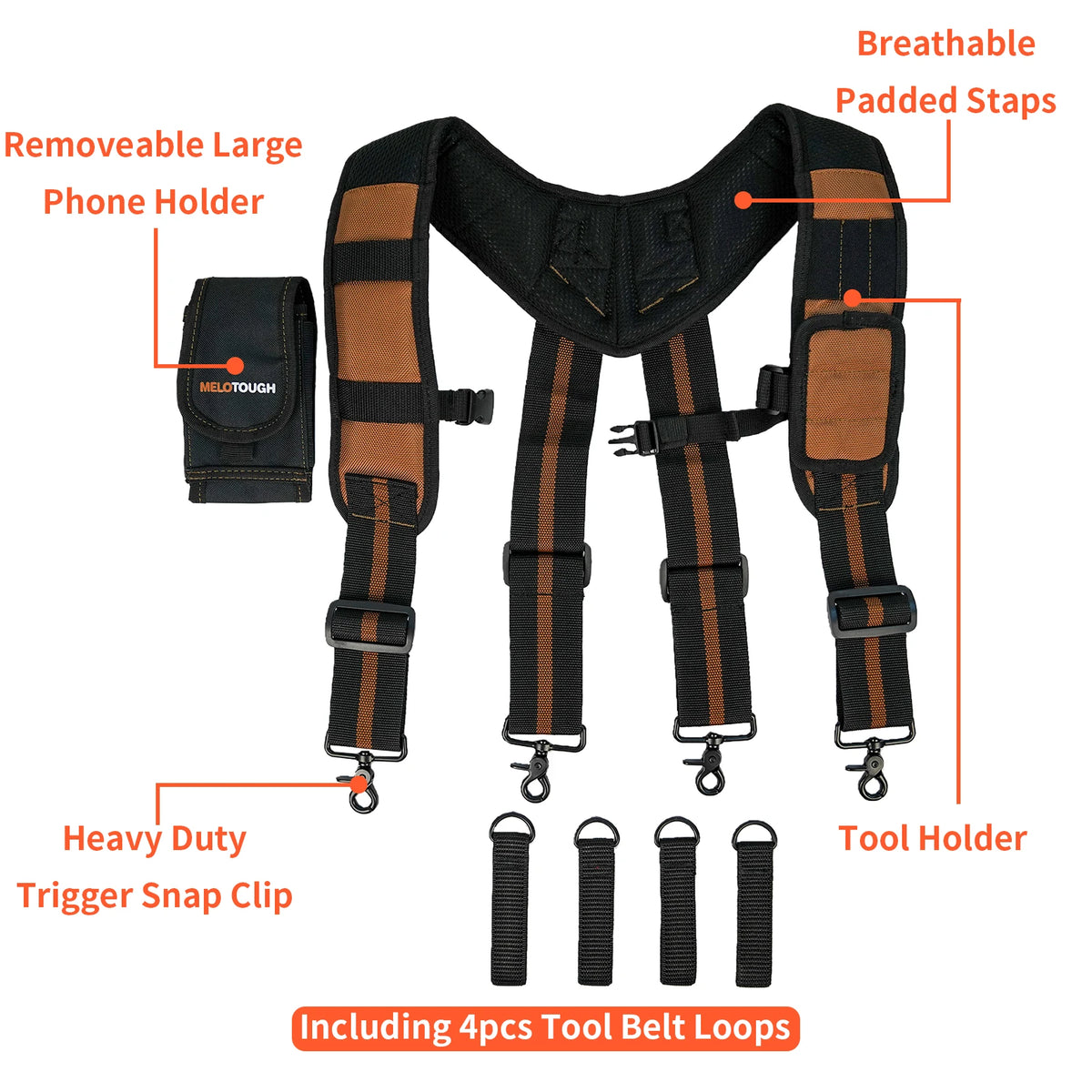 Black and brown magnetic tool belt suspenders featuring a removable phone holder and tool loops
