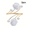 Two sets of elegant rose pattern curtain tiebacks featuring white fabric roses and pearl accents on gold metal wires