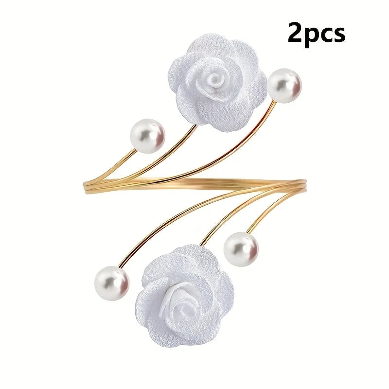 Two sets of elegant rose pattern curtain tiebacks featuring white fabric roses and pearl accents on gold metal wires