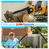 A man is using a cordless pole saw with an extension and dual batteries to cut wood outdoors.