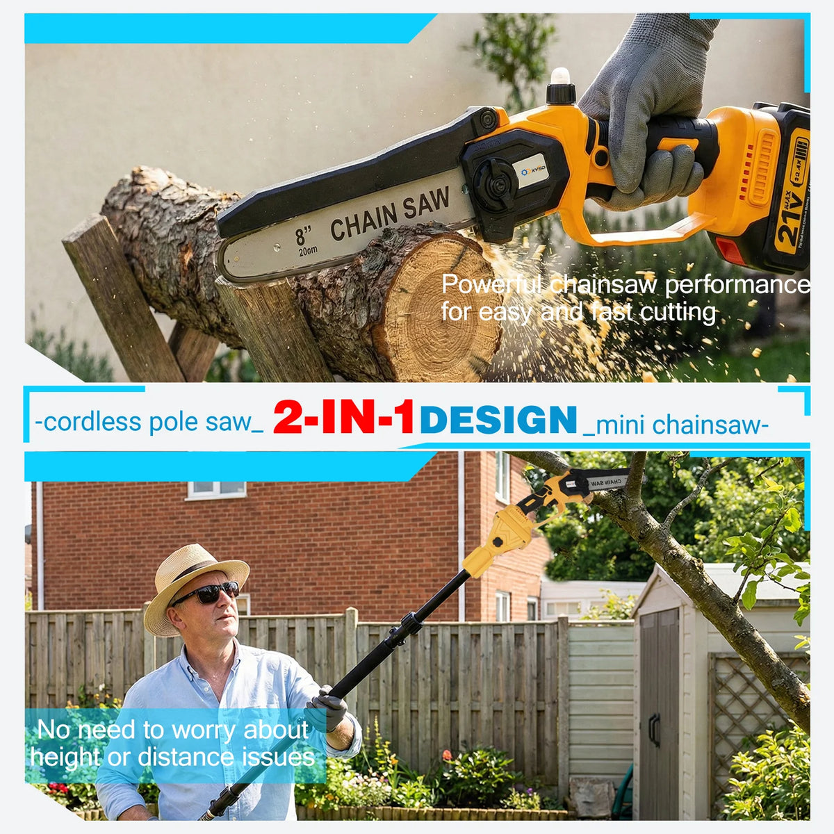 A man is using a cordless pole saw with an extension and dual batteries to cut wood outdoors.