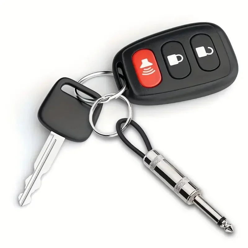 Black wall key holder with a silver key attached, featuring a red button and various key shapes.