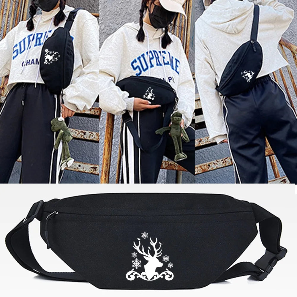 Black linen waist pack featuring a white deer silhouette design