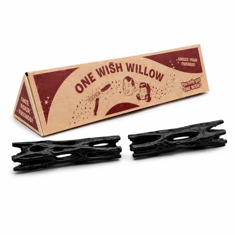 A gift box for a black willow wood wishing stick with the text One Wish Willow