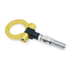 A gold-colored universal racing tow hook with a threaded metal attachment.
