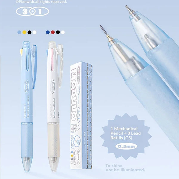 Ein Set aus drei hellblauen Gelstiften und eine Box für Schreiben und Zeichnen.
